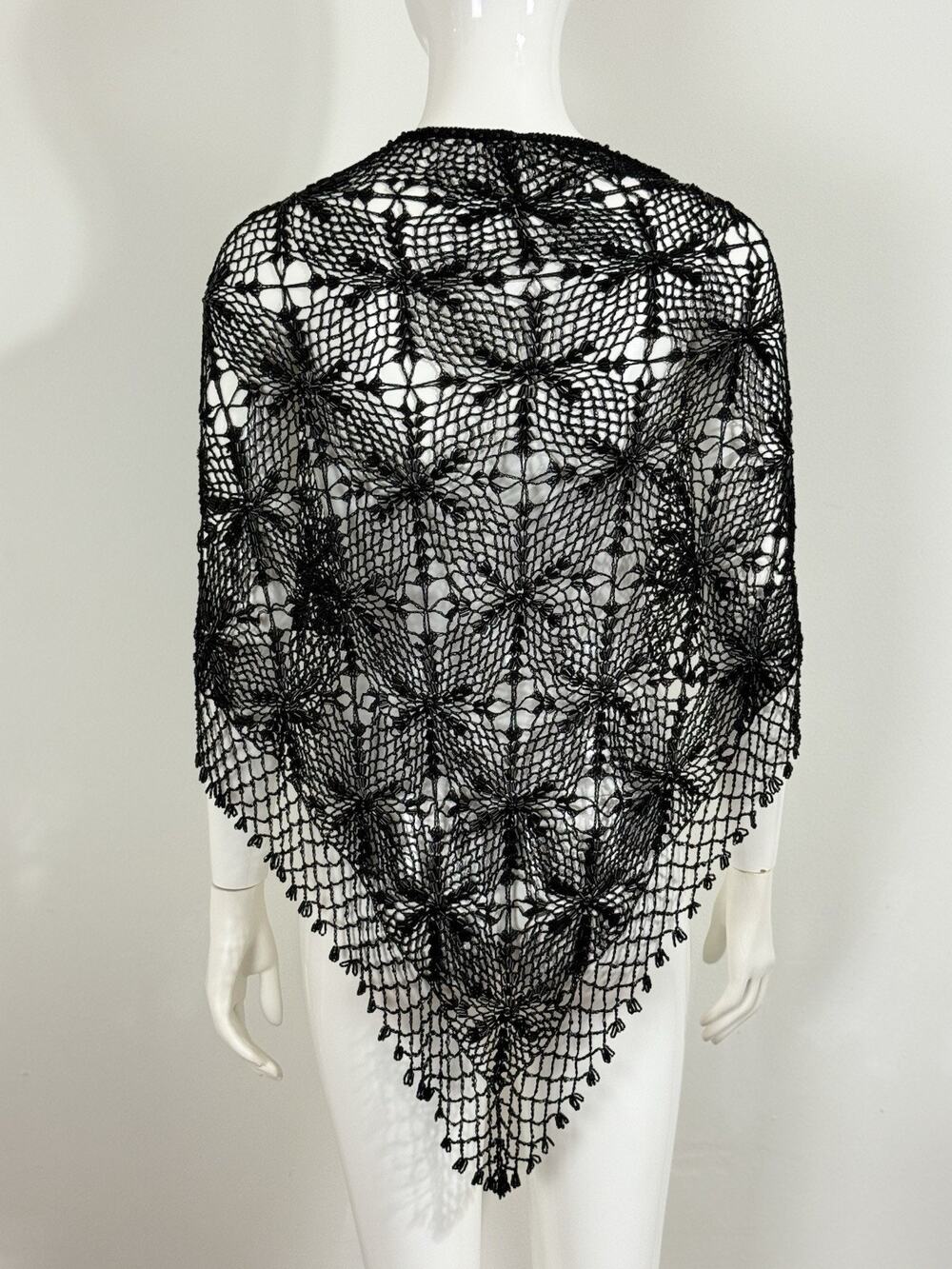 Vtg Style Black Beaded Crochet Mesh Floral Fringe Triangle Shawl Wrap Gothic